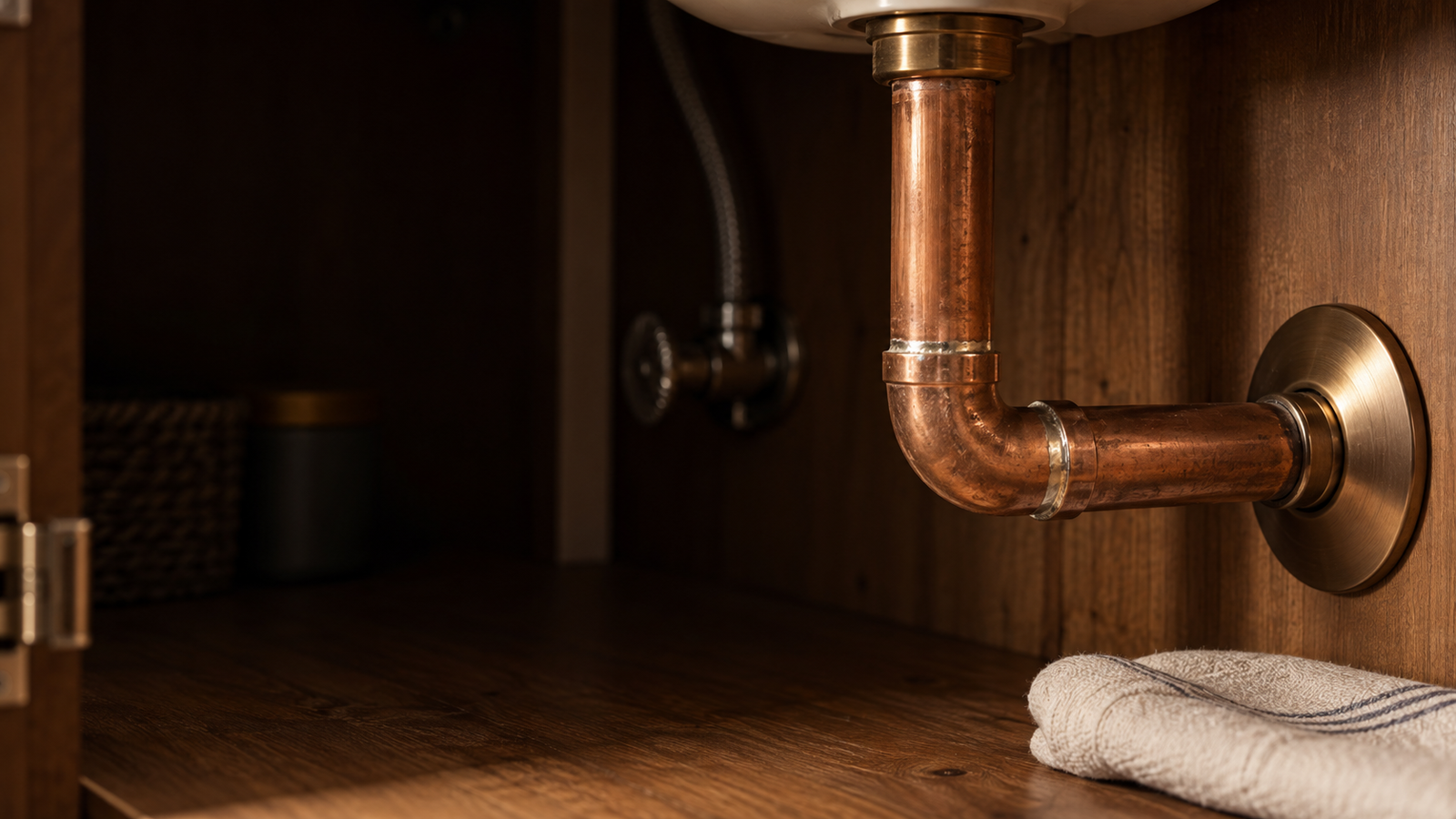 A clean finished copper drain connection
