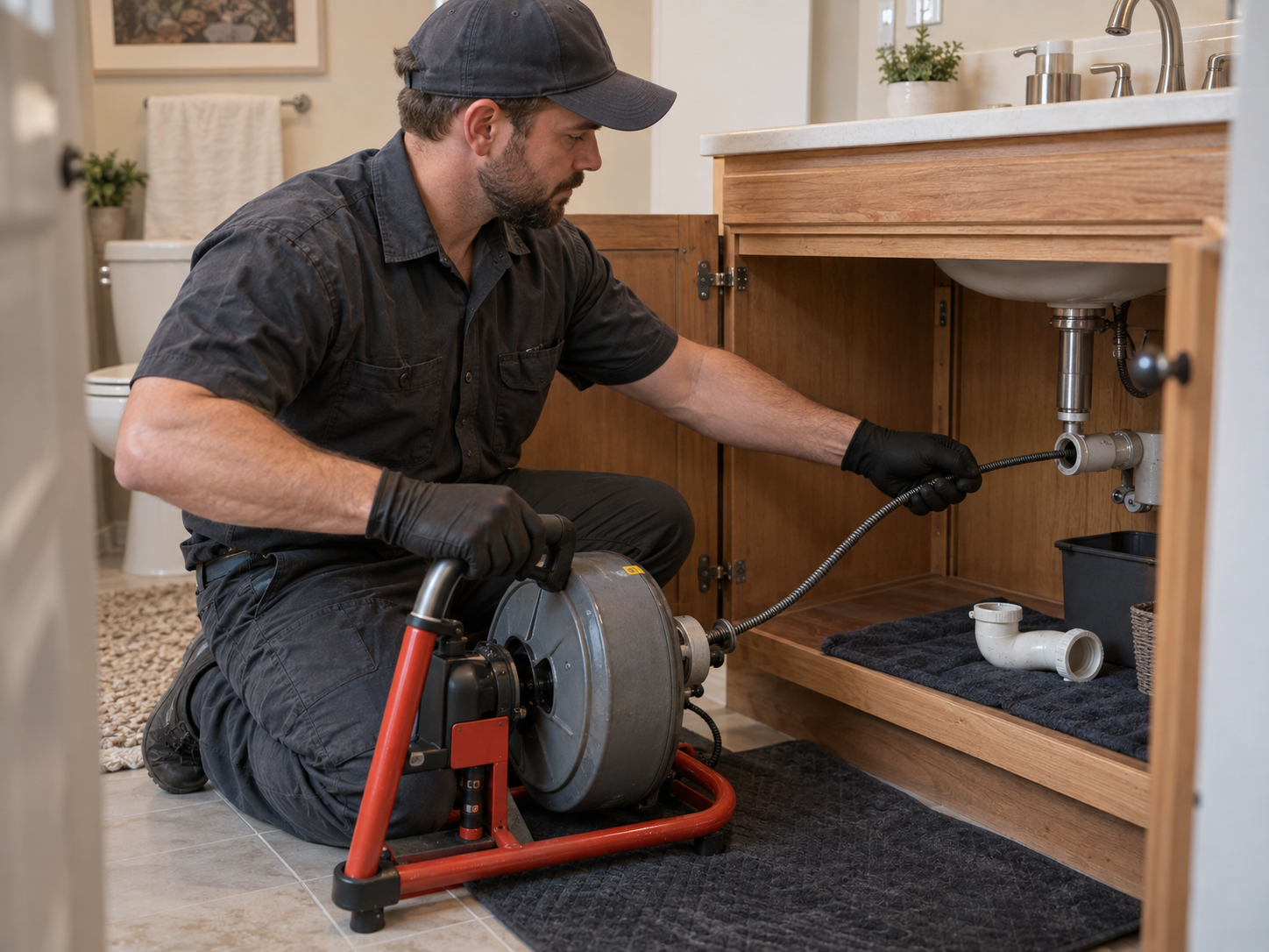 A plumber using a drain machine connected to a bathroom drain line