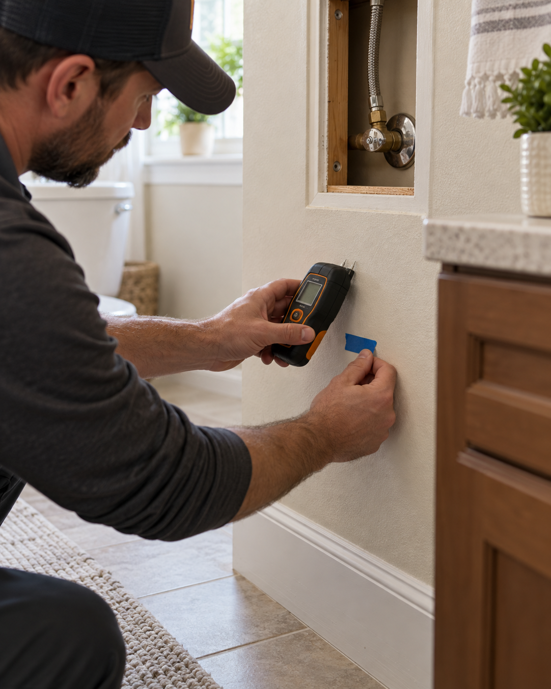 A plumber checking a bathroom wall with a moisture meter