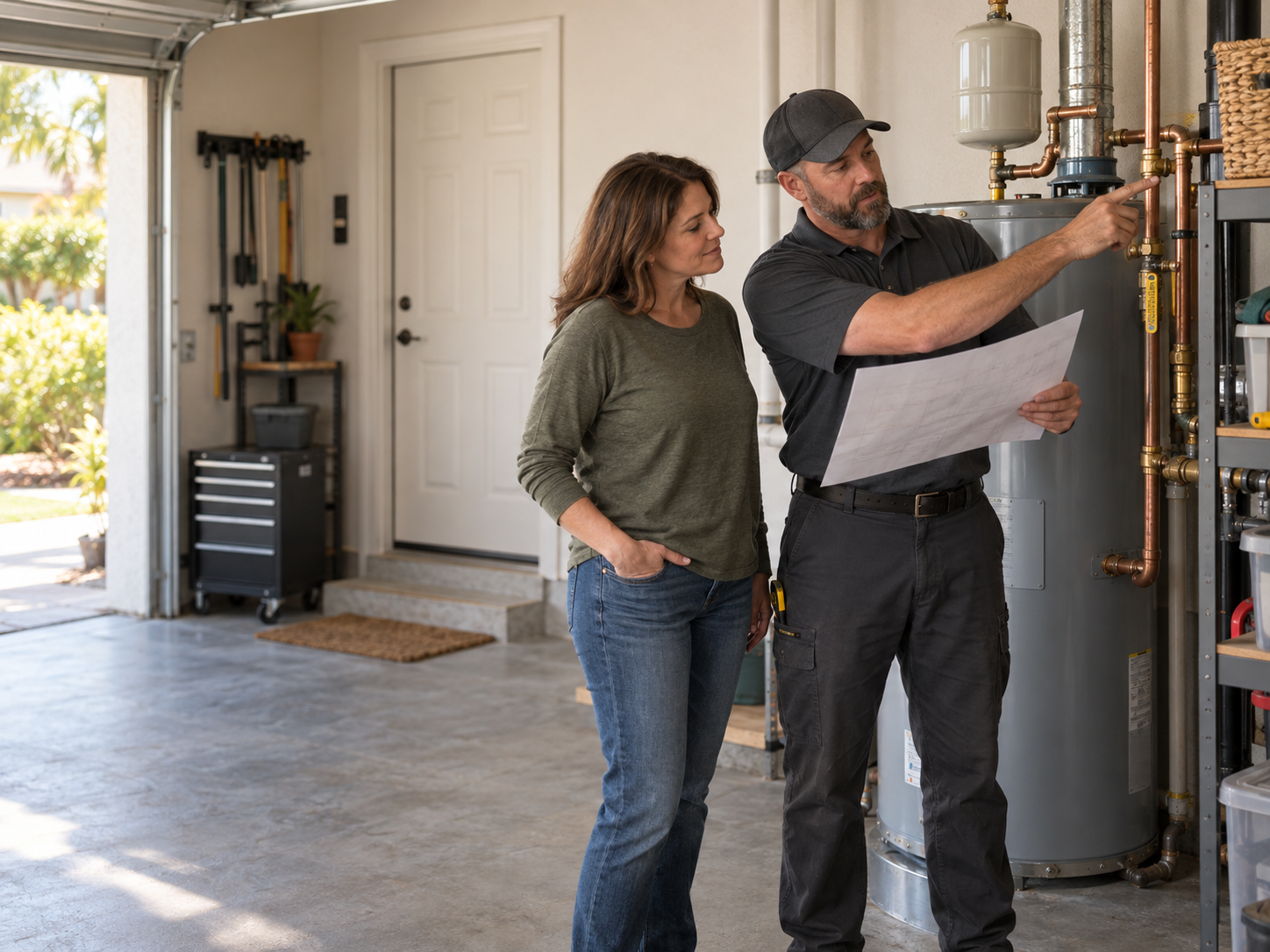 A plumber reviewing a water-heater project with a homeowner
