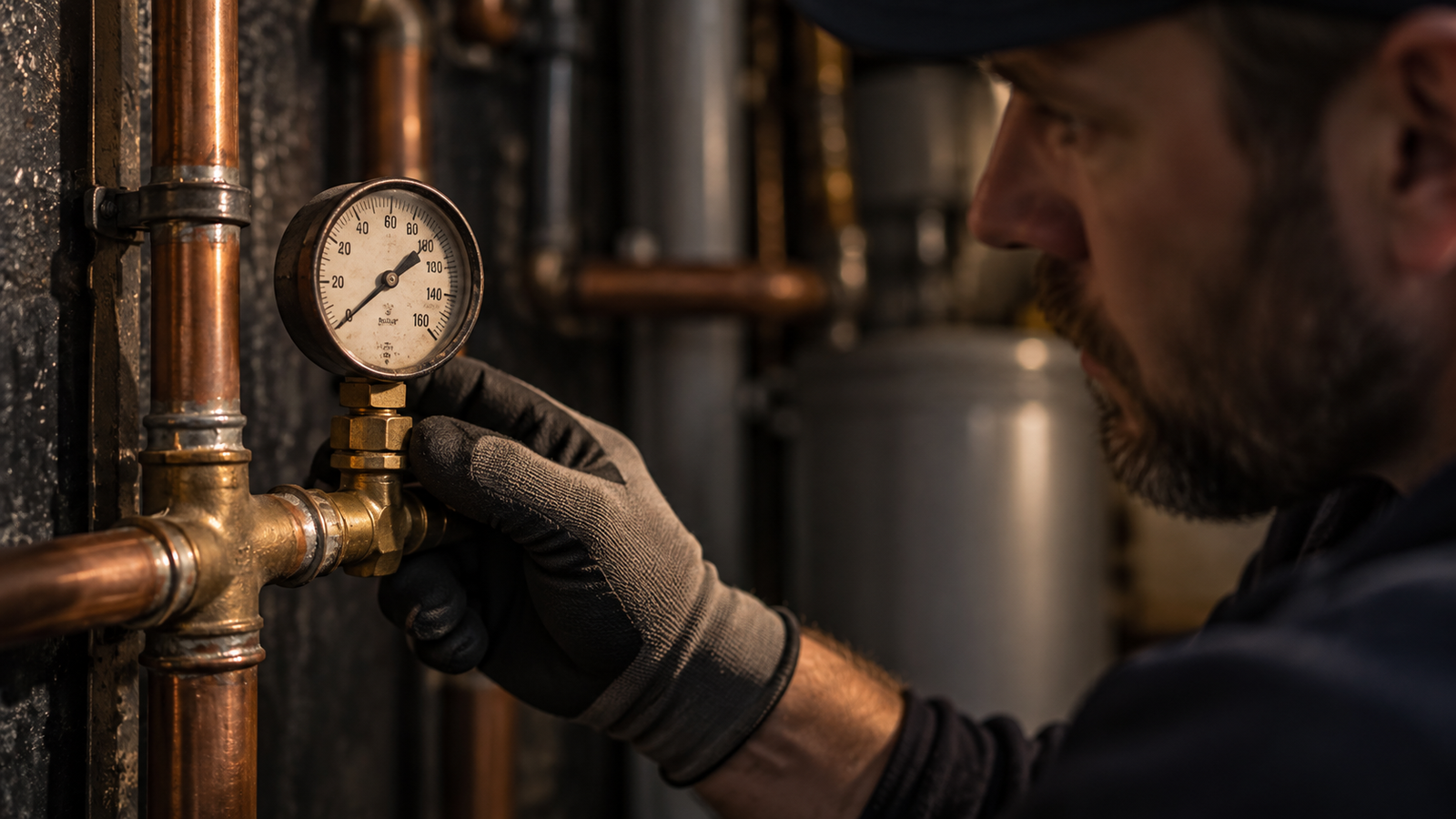 A plumber completing a final pressure test