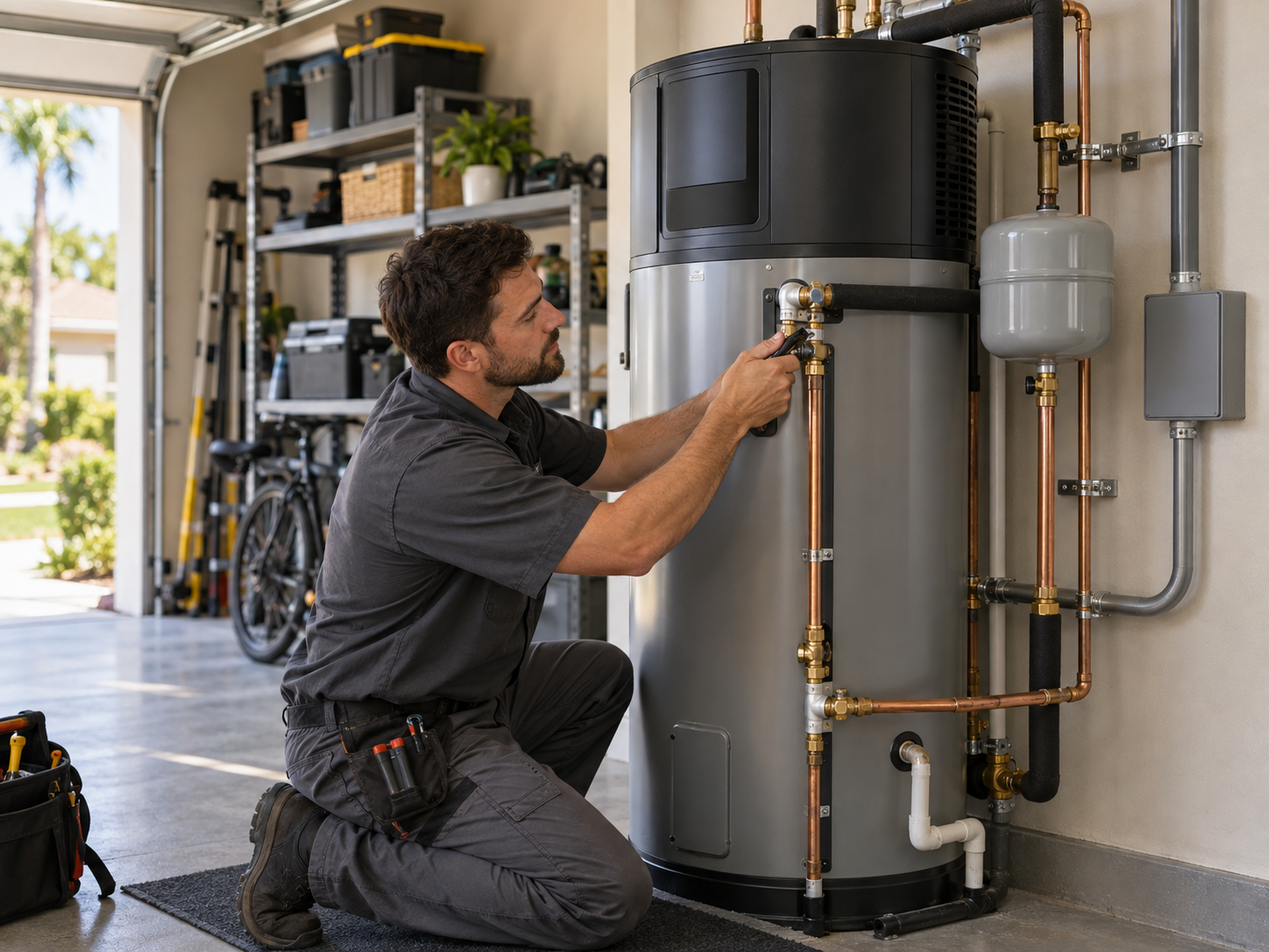 Plumber inspecting a residential water heater